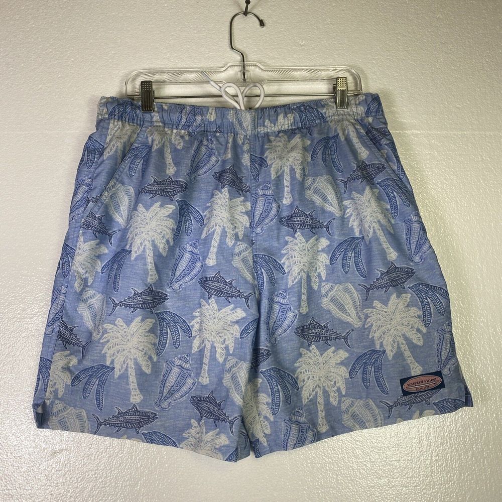 Vineyard Vines Swim Trunks Mens Size M Blue White lined Logo draw string elastic